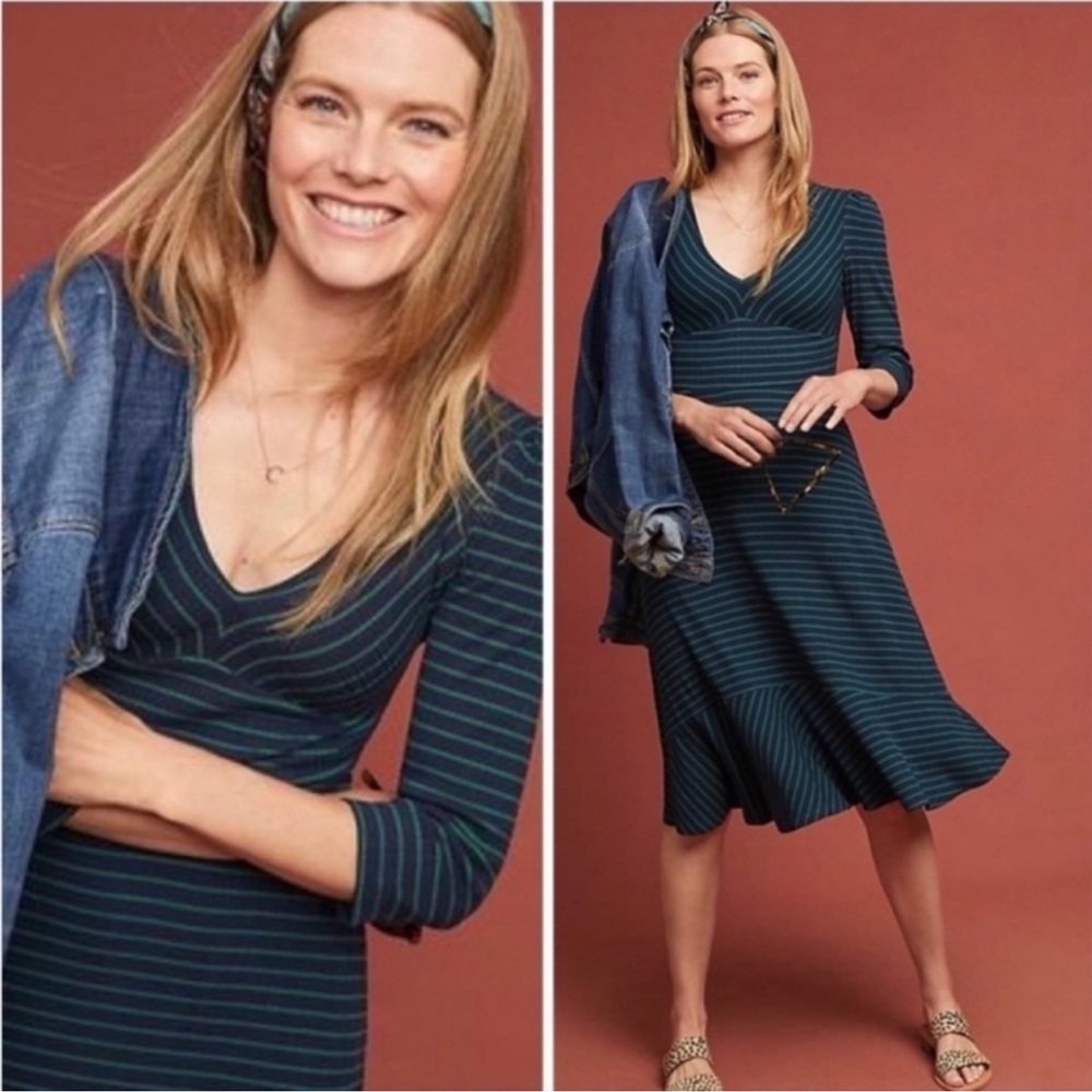 Anthropologie Maeve Striped Teal and Black V-Neck Dress